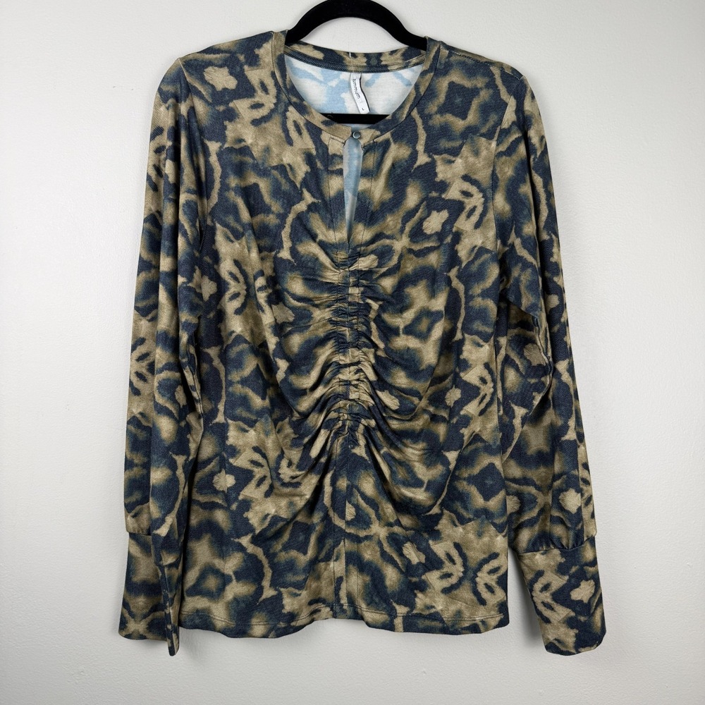 Summum Top Women's Large Tan Black Abstract Print Long Sleeve Ruched Pullover